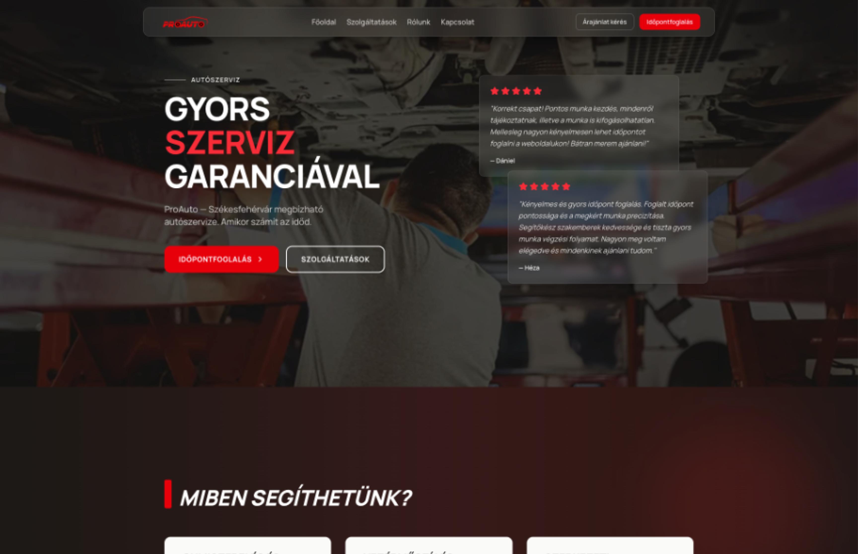 Pro Autó company website displayed in a browser
